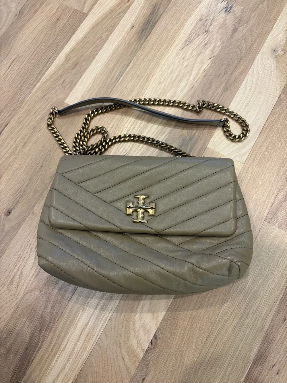 Tory Burch Kira Taupe Quilted Leather Chain Shoulder Bag